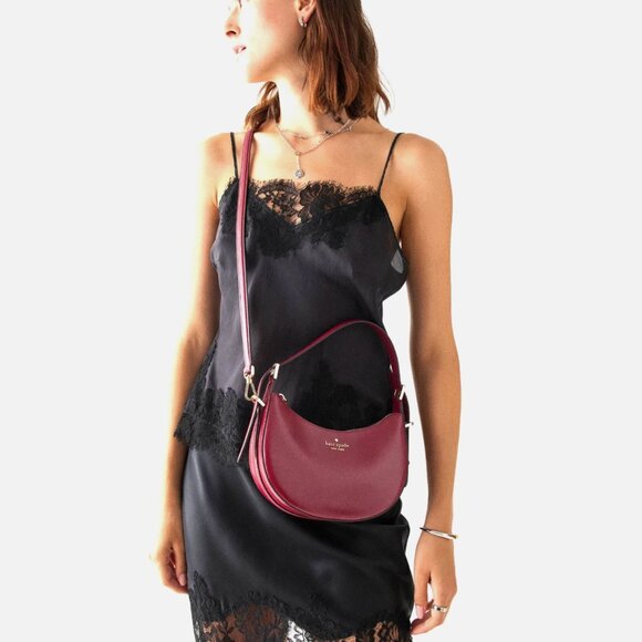 New Kate Spade Nova Textured Patent Leather Small Crescent Shoulder Bag Red Jam - Picture 3 of 4